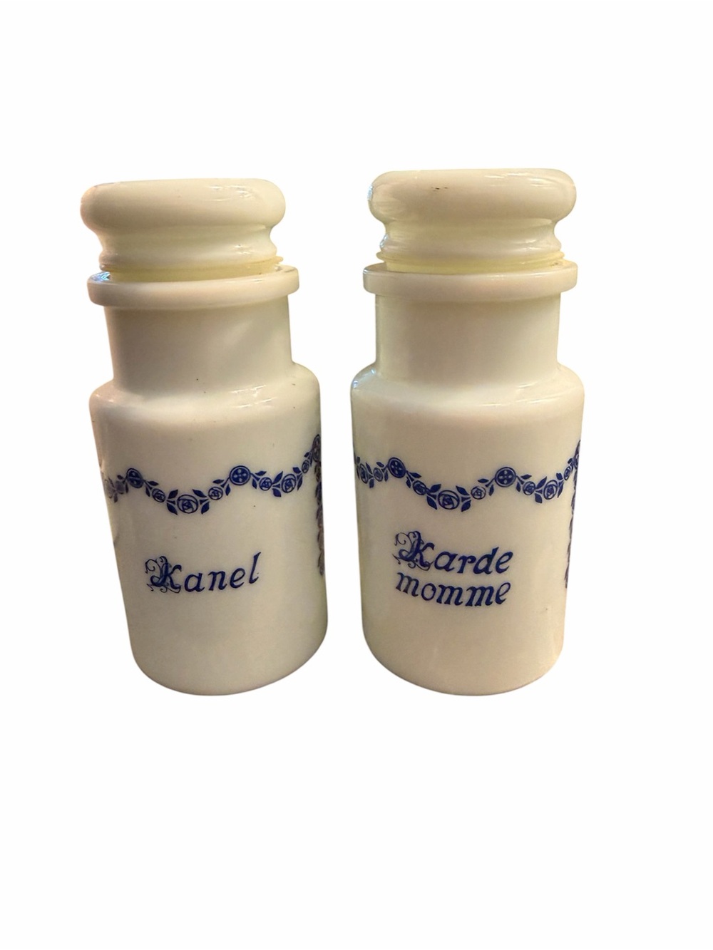 Vintage White Ceramic Spice Jars - Blue Rose Accent